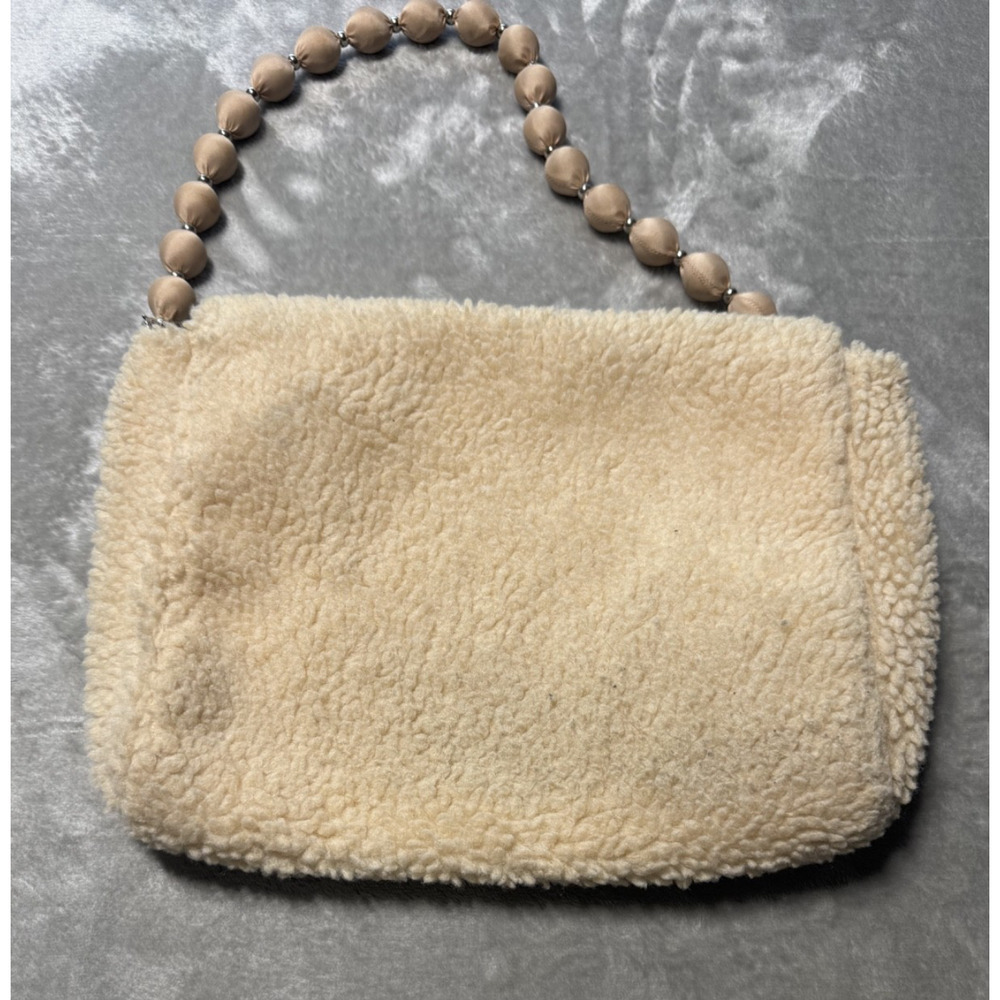 Samantha Pleet Sherpa Fleece Beaded Handle Shoulder Bag Cream Cozy Winter Clutch - Picture 8 of 10